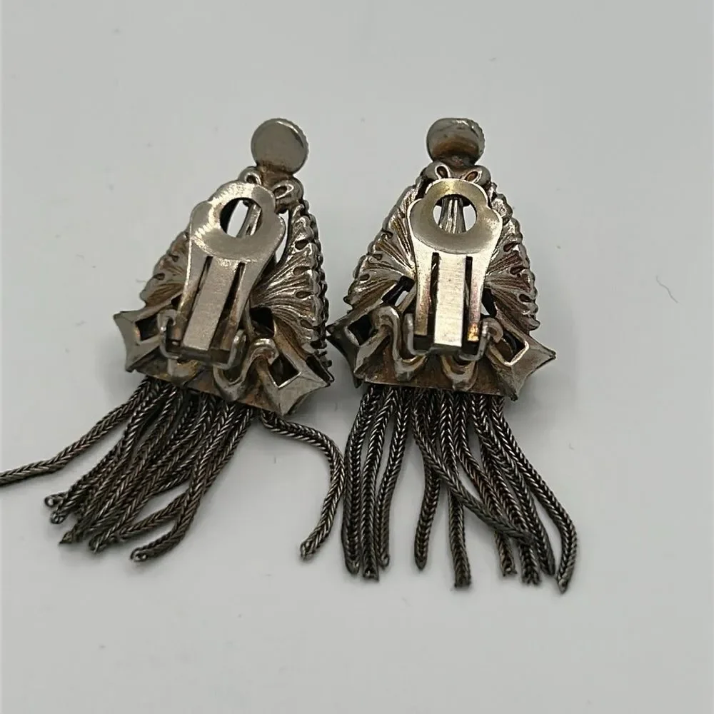 Vintage Art Deco Green and Silver Clip-on Earrings